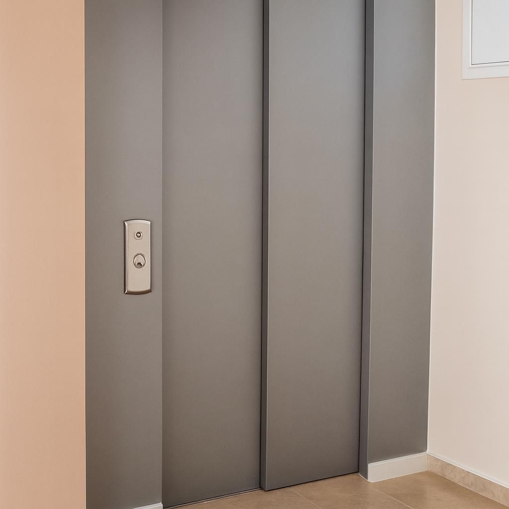 Puertas de ascensor grises con panel de control sobre una pared marrón claro. Pared beige a la derecha.