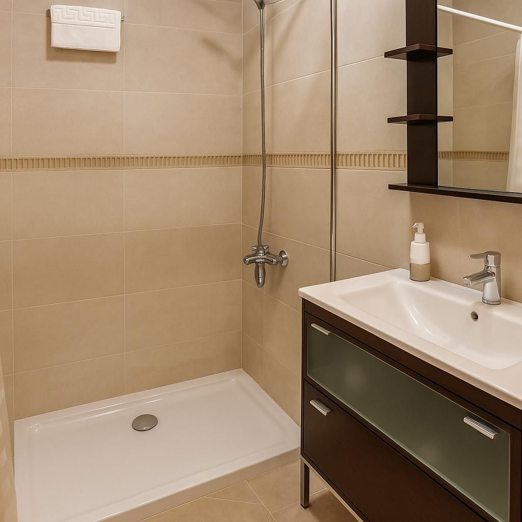 Un baño pequeño con ducha, tocador y espejo. Azulejos beige y armario marrón oscuro.