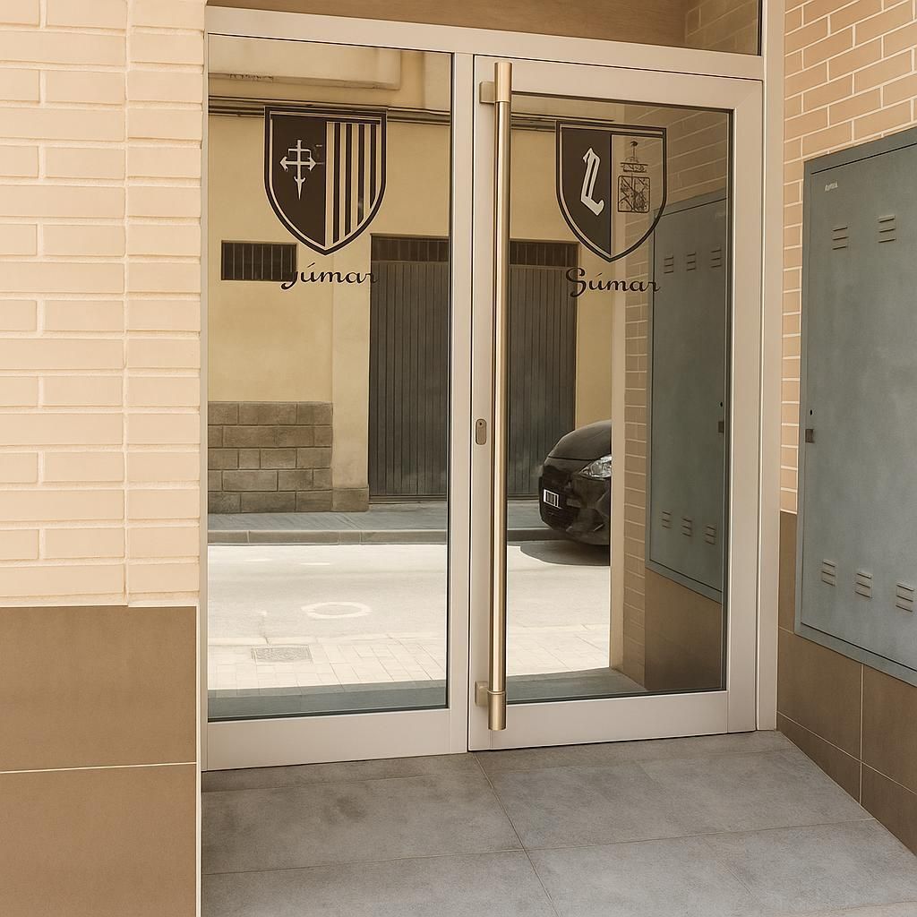 Puertas de cristal con logotipos y tiradores largos. Exterior con coche visible.