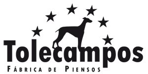 Logotipo de "Tolecampos", una f&aacute;brica de alimento para perros, que presenta la silueta de un perro rodeado de estrellas.