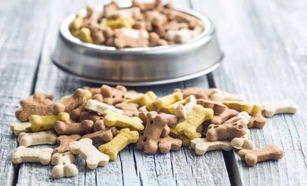 Un recipiente con golosinas para perros está sobre una mesa de madera al lado de una pila de golosinas para perros.