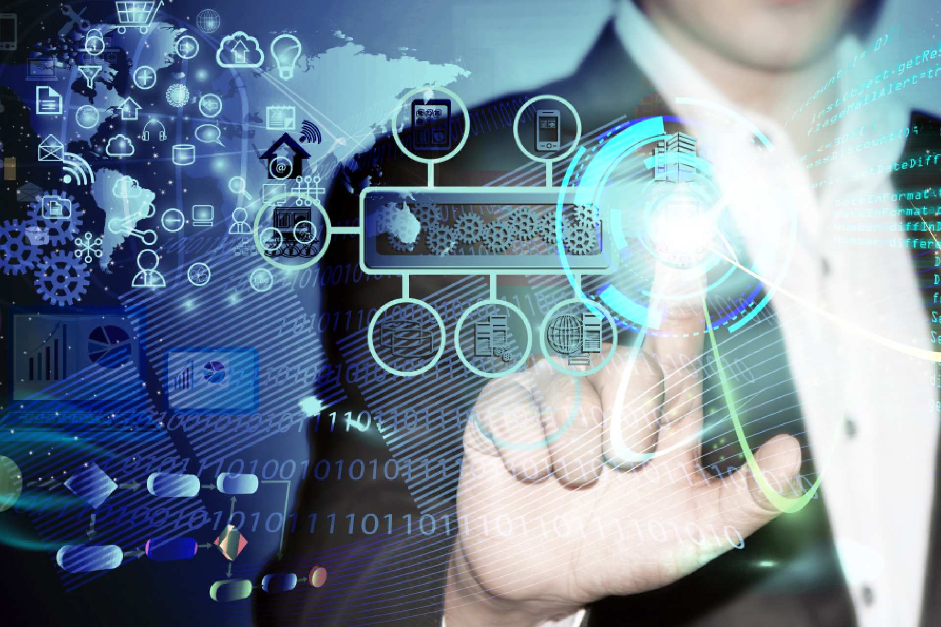 through translucent screen to pointing hand