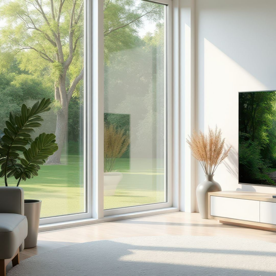 Salon lumineux avec une grande fenêtre, des arbres verts à l'extérieur et un téléviseur à côté d'une console blanche.