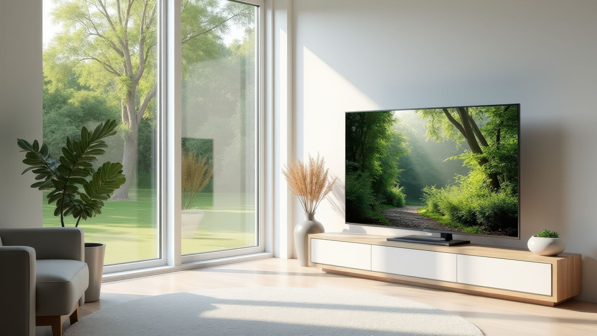 Salon moderne avec une grande télévision diffusant une scène de forêt, près de baies vitrées et de plantes d'intérieur.