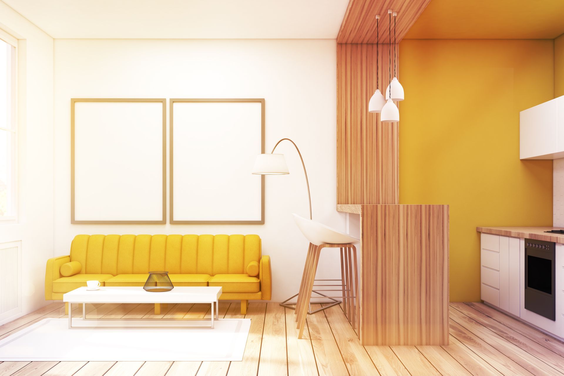 Salon moderne et lumineux avec un canapé jaune, une table basse blanche et un coin cuisine ouvert.