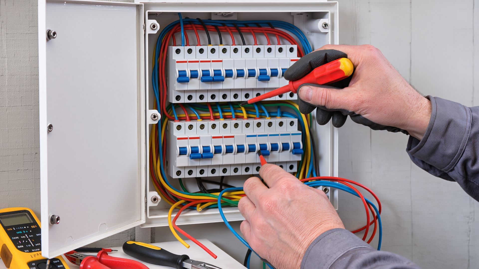 Un électricien teste les disjoncteurs d'un tableau électrique ouvert à l'aide d'une sonde rouge de multimètre.