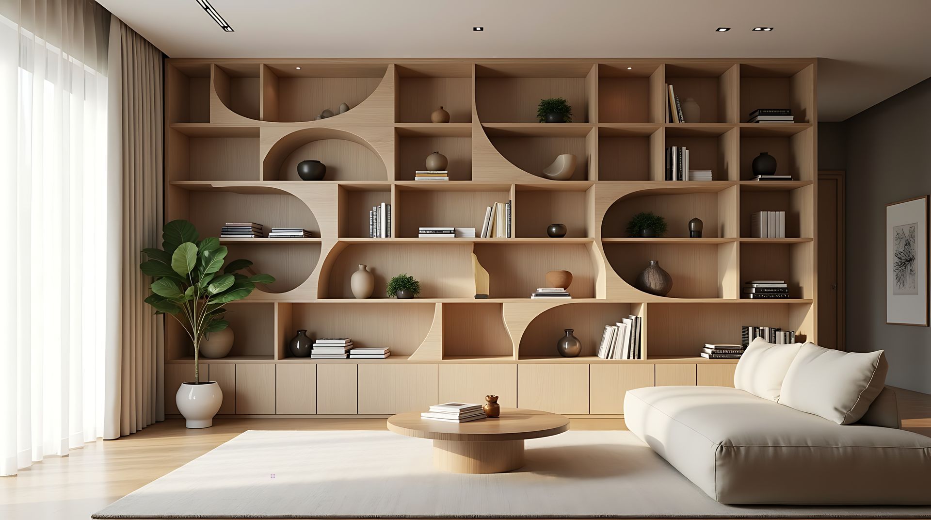 Salon minimaliste moderne avec étagères en bois intégrées, plantes et canapé bas couleur crème.