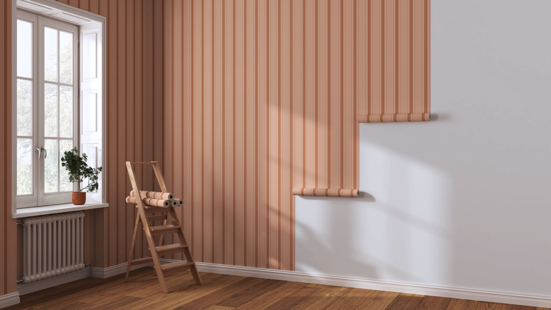 Pièce vide avec un mur à lattes verticales couleur pêche, un mur blanc, une fenêtre, un radiateur.
