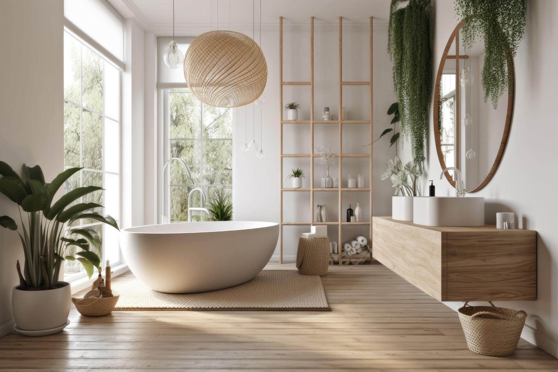 Salle de bain minimaliste et lumineuse avec baignoire en îlot, meuble en bois sous lavabo, miroir et lumière naturelle.