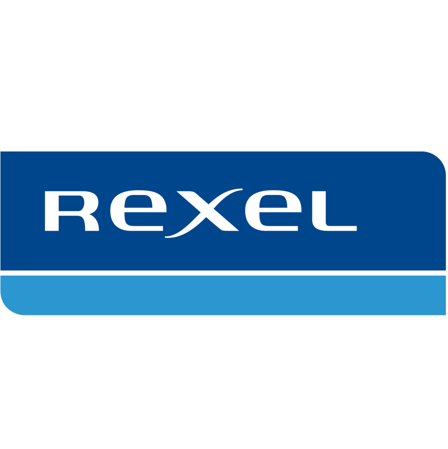 Logo Rexel blanc sur un rectangle bleu arrondi avec une barre bleu clair en dessous
