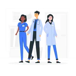 Un grupo de médicos y enfermeras están de pie uno al lado del otro.