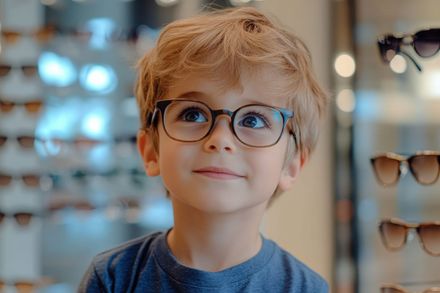 Un jeune garçon portant des lunettes et un débardeur blanc.