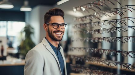 Un homme portant des lunettes se tient devant un mur de lunettes dans un magasin d'optique.