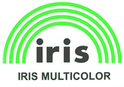 Un logotipo para iris multicolor con un arcoíris verde.