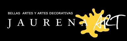 Un logotipo para jaurena art con un toque amarillo sobre un fondo negro.
