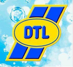 Un logotipo amarillo y azul con la palabra dtl.