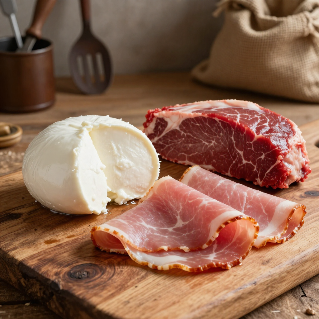 Queso, embutidos en lonchas y un filete crudo sobre una tabla de cortar de madera en una cocina.
