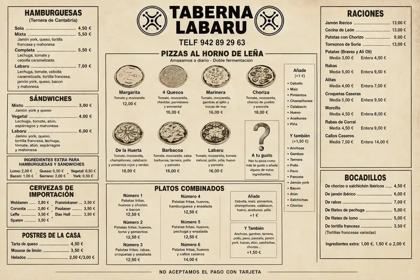 Menú de la Taberna Labru, con secciones de comida y bebida españolas en un diseño beige de estilo vintage.