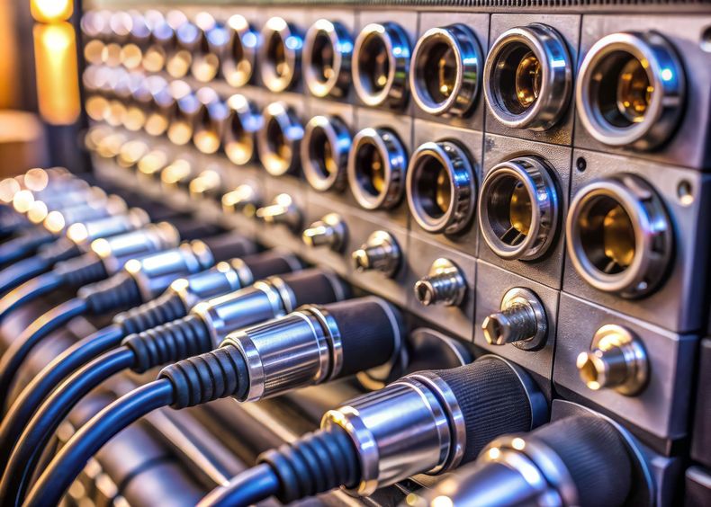 Gros plan sur un panneau de brassage équipé nombreux câbles audio et prises métalliques connectés dans un rack de studio.