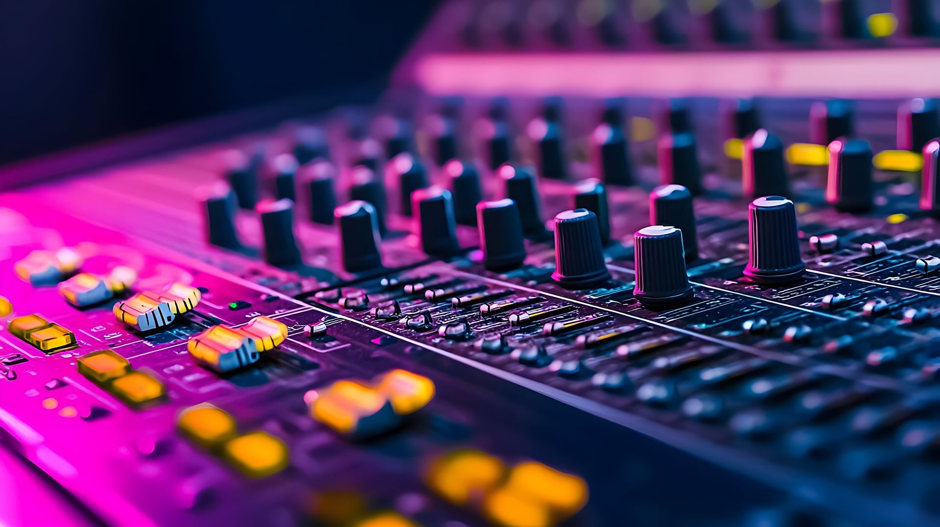 Gros plan sur une console de mixage audio colorée avec boutons et potentiomètres illuminés d'une lumière rose-violette.