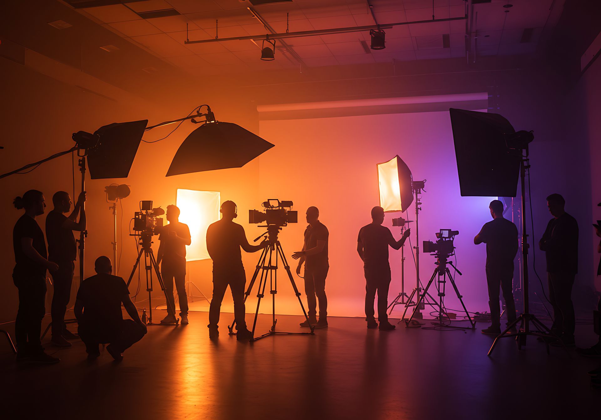 Des personnes sur un plateau de tournage, baigné de lumières orange et violettes intenses, avec des caméras et des boîtes à lumière installées.