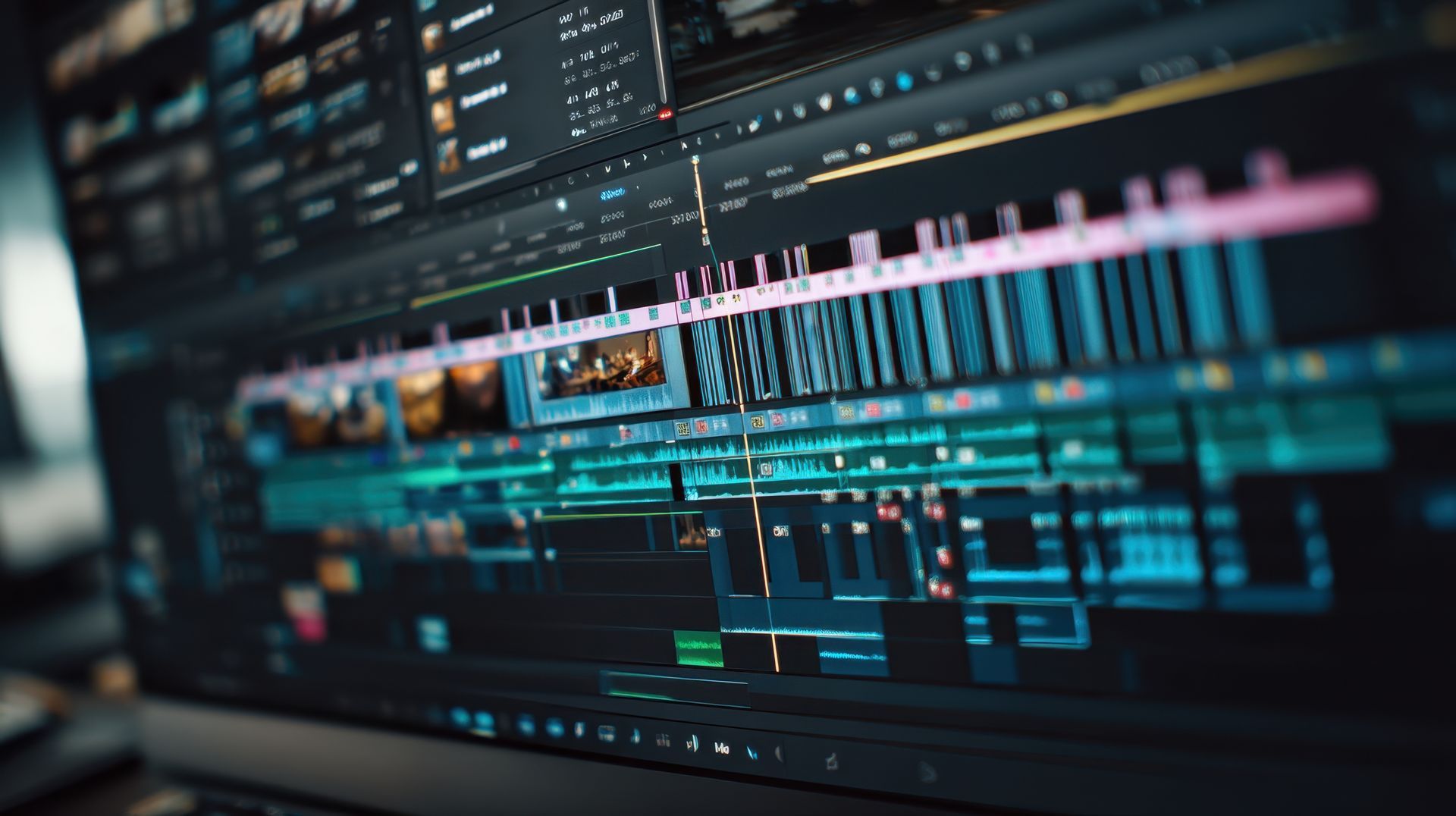 Un écran d'ordinateur affichant une timeline de montage vidéo avec des clips colorés et des commandes de montage.