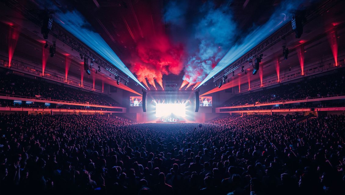 Arène de concert bondée avec une scène lumineuse, des lumières rouges et bleues et des effets de fumée.