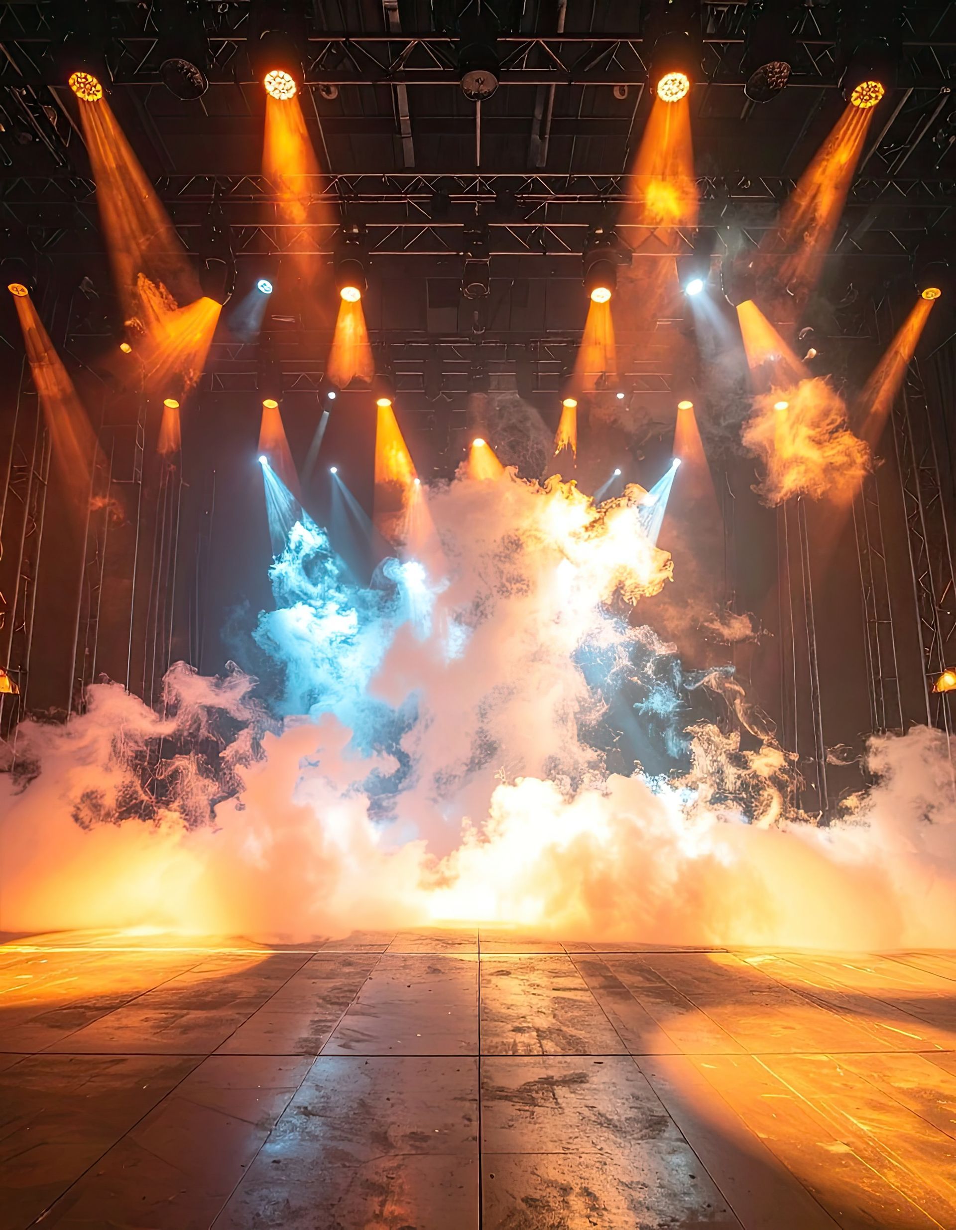 Scène de concert avec des projecteurs orange, avec des faisceaux laser bleu vif qui zèbrent le plafond.
