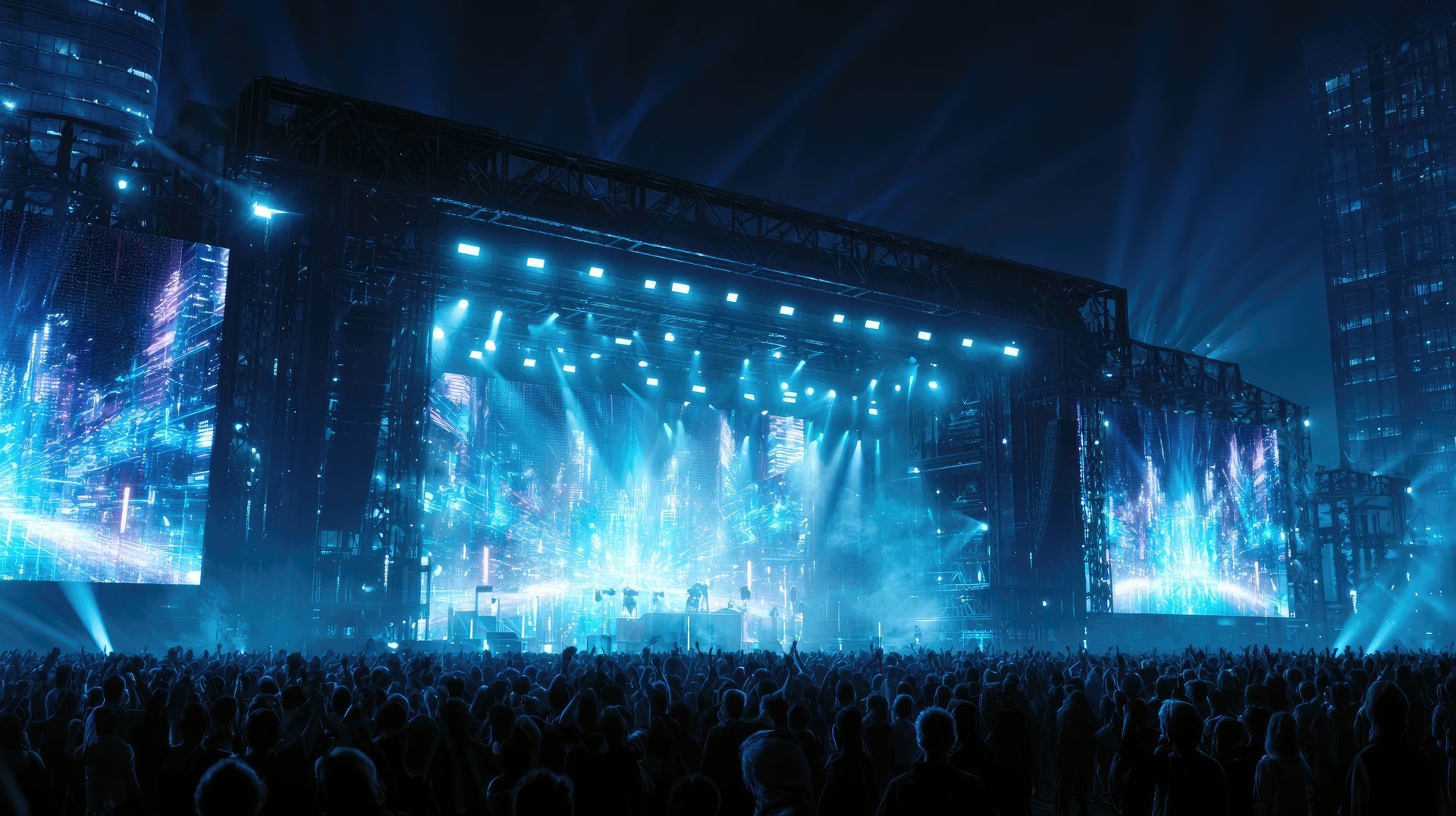 Scène de concert en plein air éclairée en bleu, avec des projecteurs et une foule.