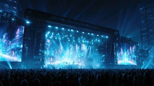 Scène de concert éclairée en bleu avec des artistes et une foule nombreuse.
