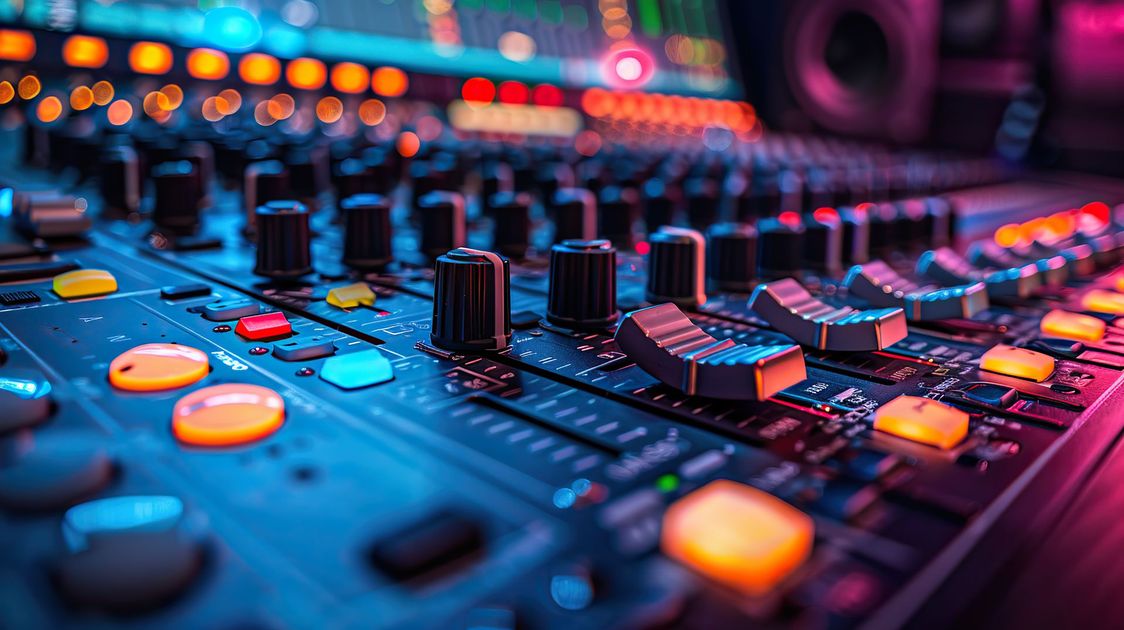 Gros plan sur une console de mixage audio colorée avec des boutons et des potentiomètres lumineux dans un studio.