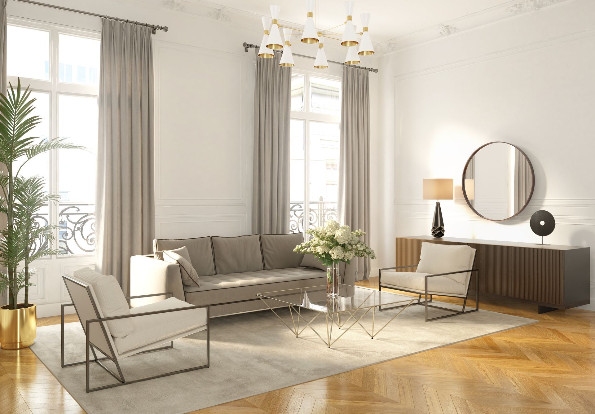 Salon d'un appartement parisien avec canapé gris et sièges blancs.