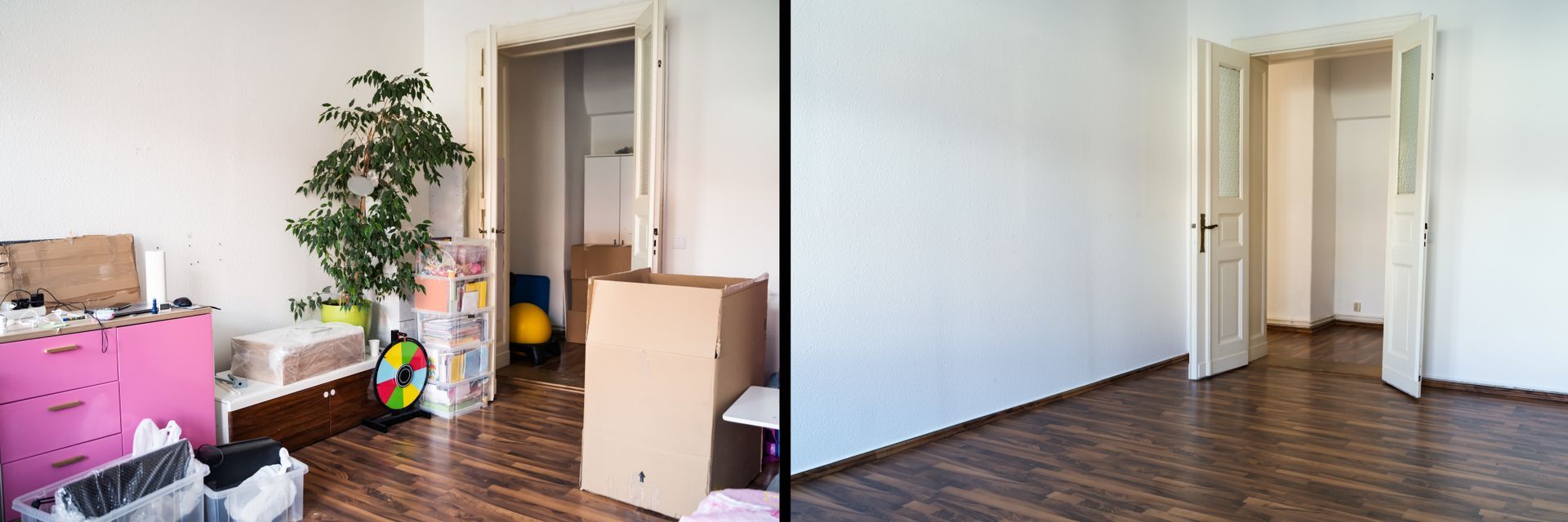 Avant et après d'une pièce vide : encombrée de cartons et de plantes à gauche, dégagée et vide à droite.