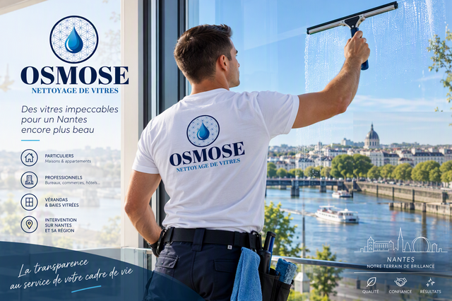 Un laveur de vitres nettoie une fenêtre, à côté d’une affiche OSMOSE.