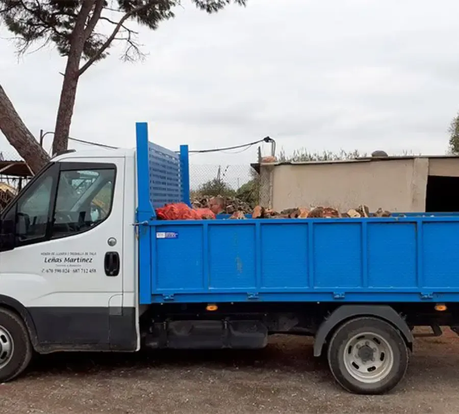 Camión de plataforma blanco y azul cargado de leña, estacionado al aire libre.