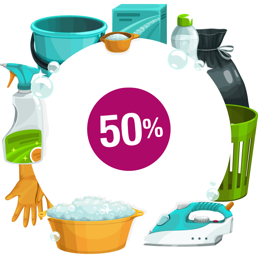 Concept de produits et équipements de nettoyage en cercle avec une étiquette 50 % au milieu.