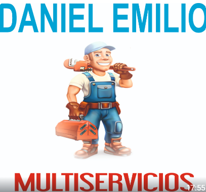 Un logotipo para Daniel Emilio Multiservicios que presenta un manitas de dibujos animados sosteniendo una llave de tubo y una caja de herramientas roja.