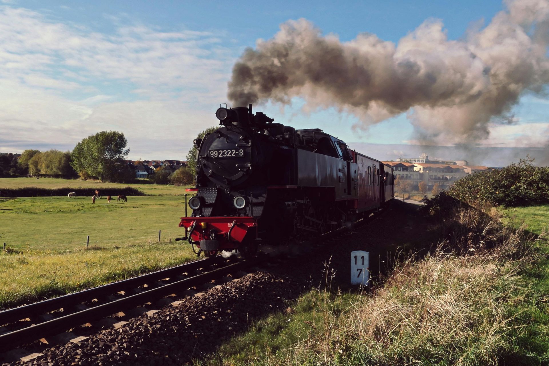 Eine schwarze Dampflokomotive, die entlang ländlicher Gleise neben offenen Feldern unter einem bewölkten Himmel raucht.