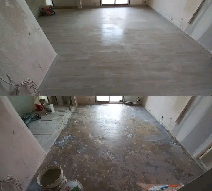 Vue avant/après de la rénovation du sol d'une pièce, la moitié supérieure étant finie et la moitié inférieure encore en béton brut.