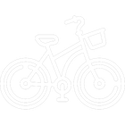 Eine weiße Strichzeichnung eines Fahrrads mit einem Korb vorne.