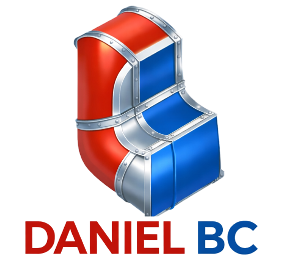 Logotipo de &ldquo;DANIEL BC&rdquo; con conducto rojo y azul.