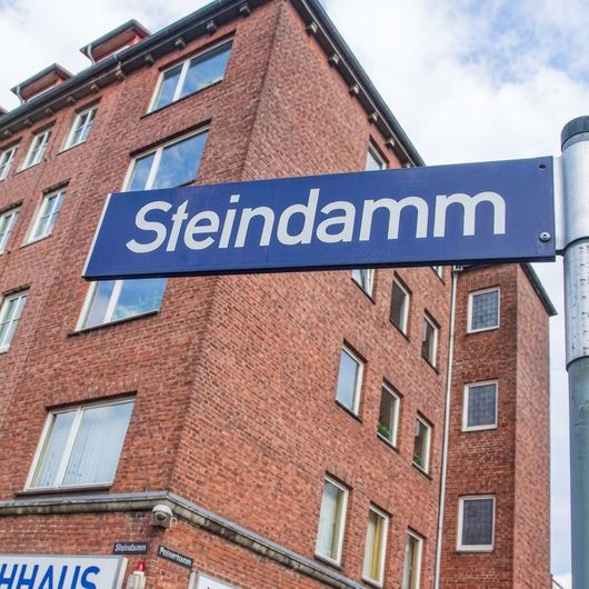 Blaues „Steindamm“-Straßenschild an der Ecke eines roten Backsteingebäudes unter einem bewölkten Himmel
