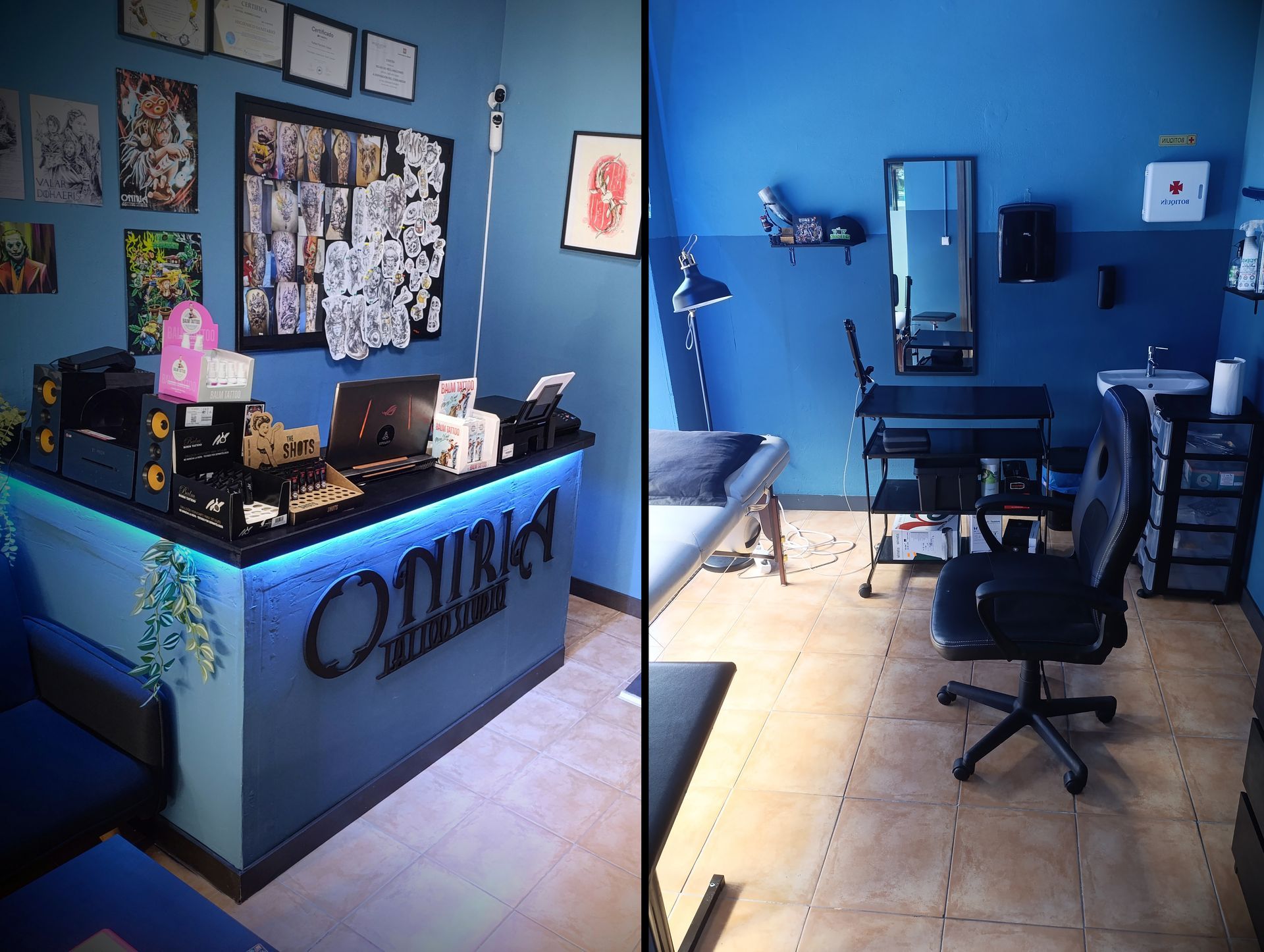 Dos fotografías de un estudio de tatuajes con paredes azules.
