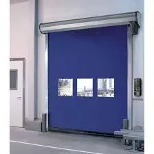 A blue high speed door with three windows in a warehouse.