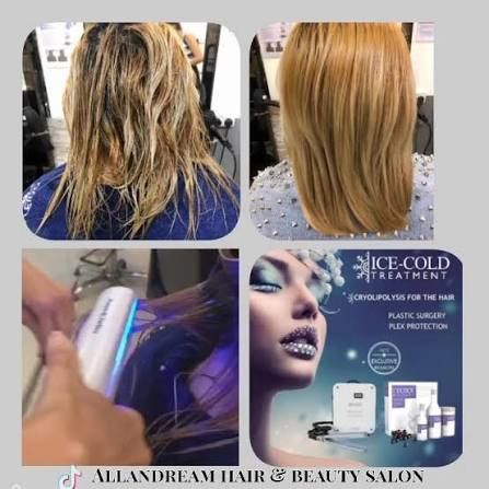 Collage avant/après d'un salon de coiffure montrant des cheveux ondulés lissés en cheveux blonds brillants et une publicité pour un traitement glacé