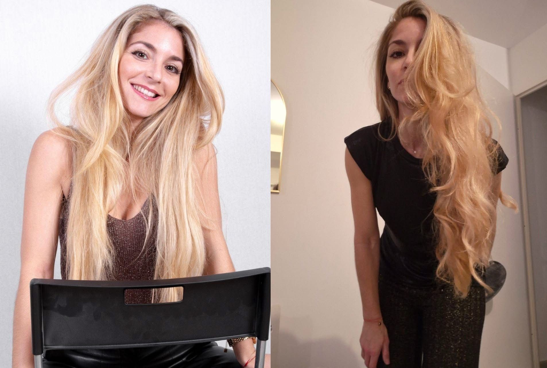 Deux photos côte à côte d'une femme blonde posant à l'intérieur en tenue noire, souriant sur l'une des photos