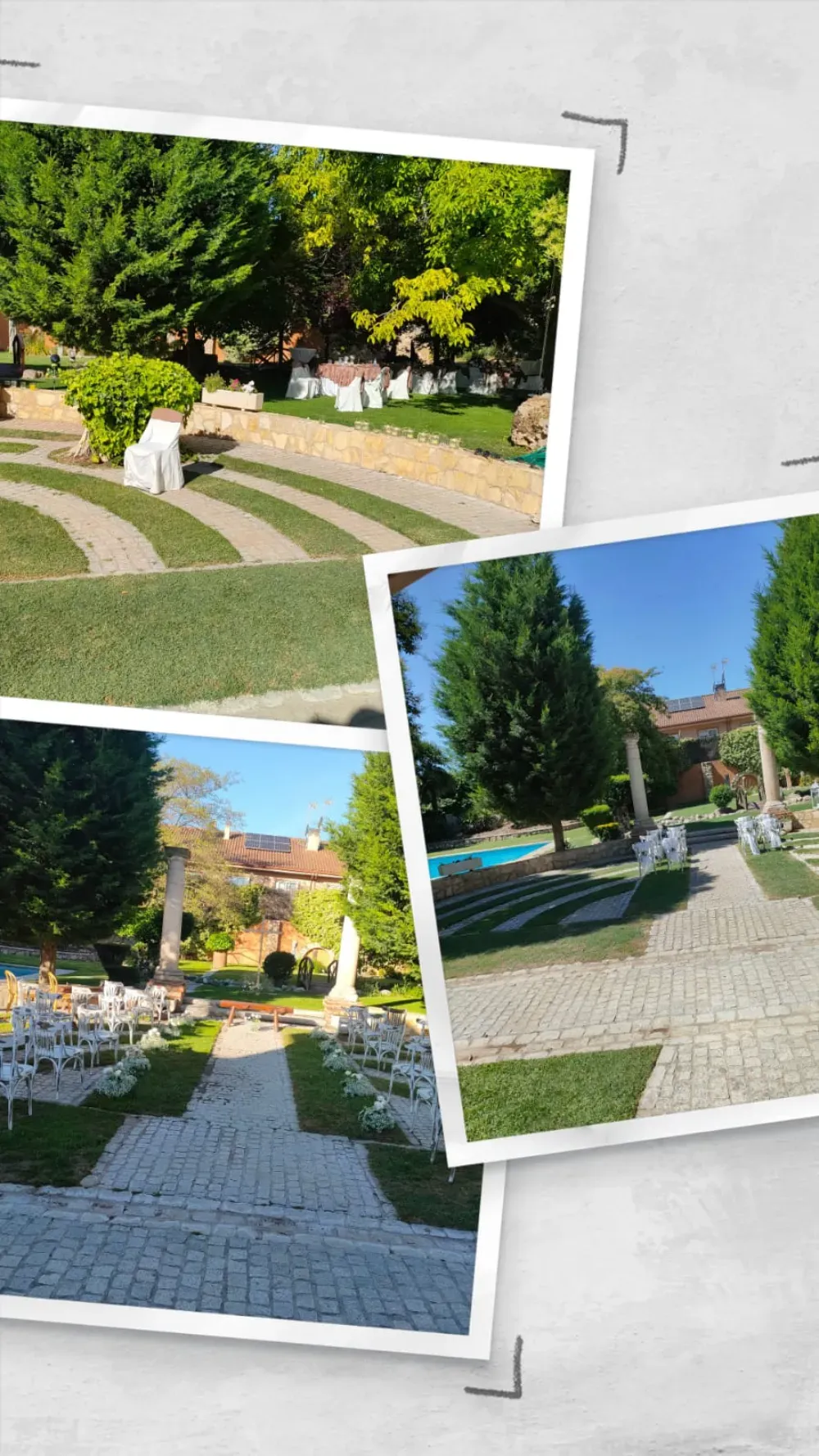 Un collage de tres fotografías que muestran un exuberante jardín con senderos de piedra, césped bien cuidado y filas de sillas para eventos.