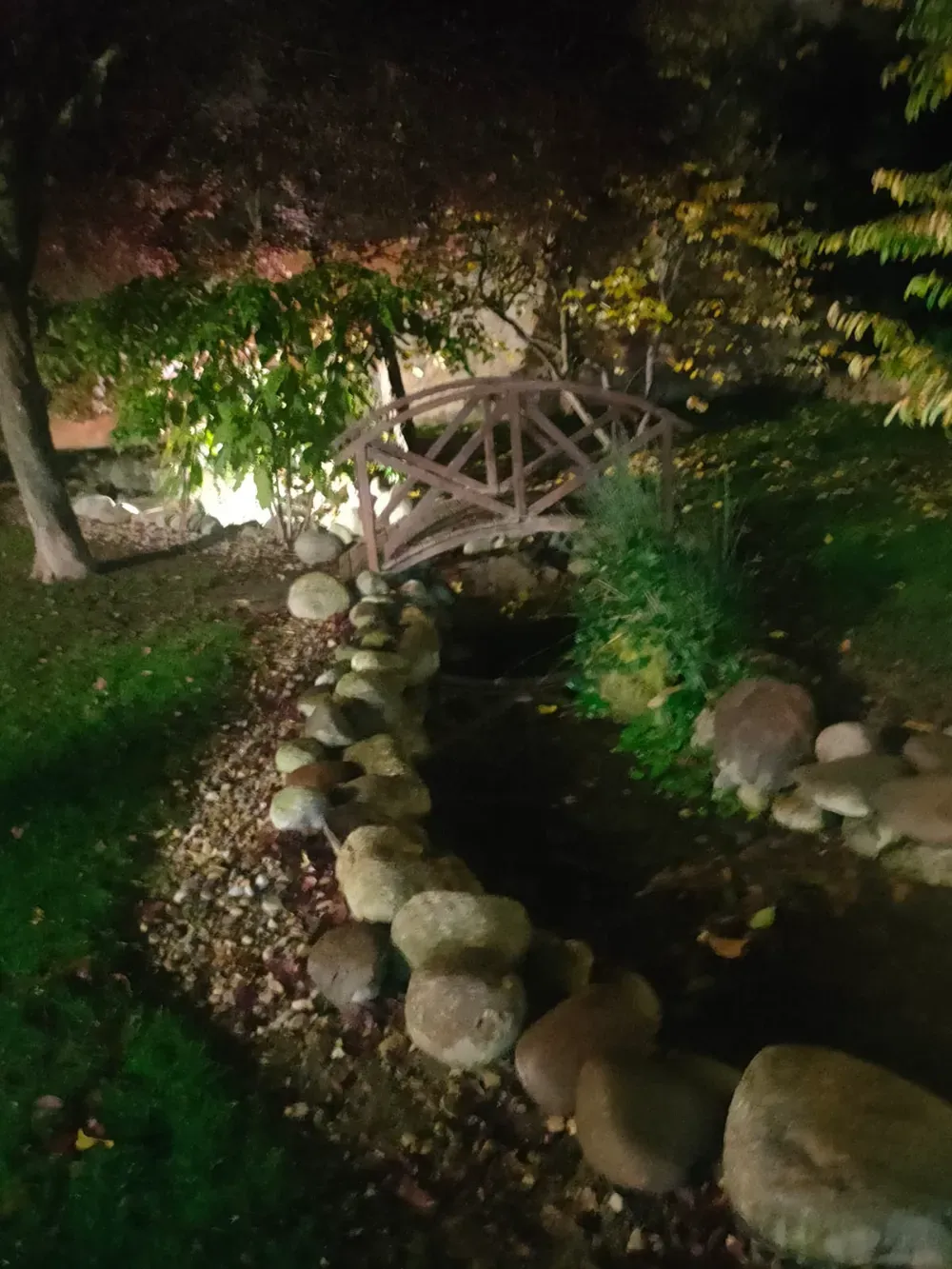 Por la noche, un pequeño puente peatonal de madera cruza un estanque oscuro, revestido de piedra, rodeado de árboles y follaje iluminado.