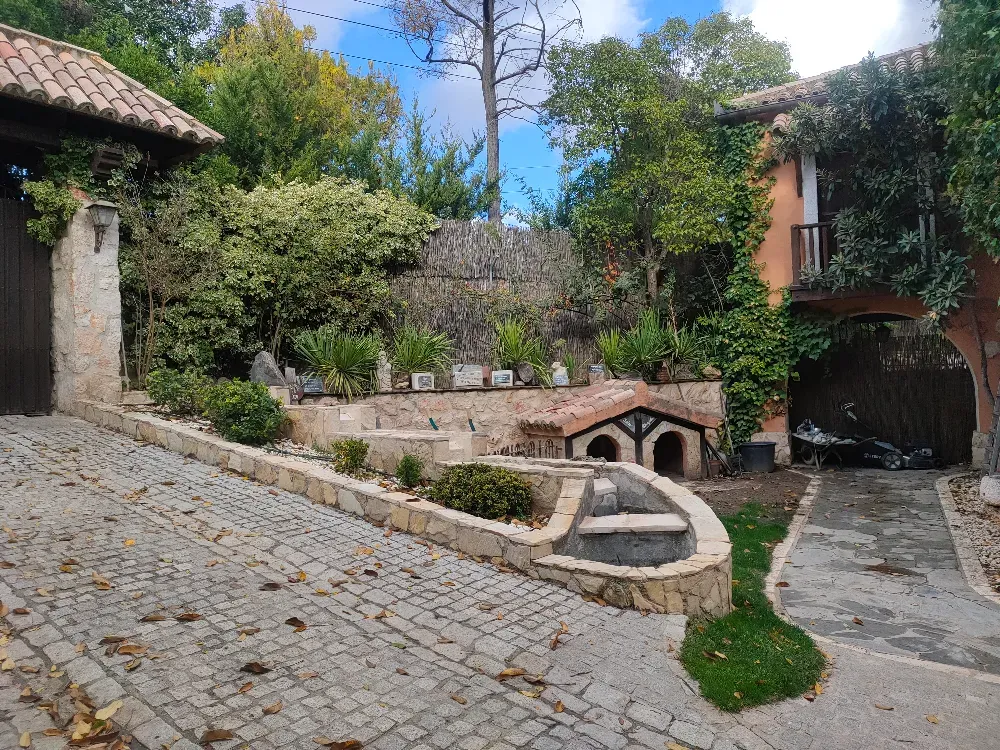 Un camino de entrada empedrado desciende hacia un jardín con un muro de contención escalonado, vegetación exuberante y una pequeña caseta para mascotas con azulejos.