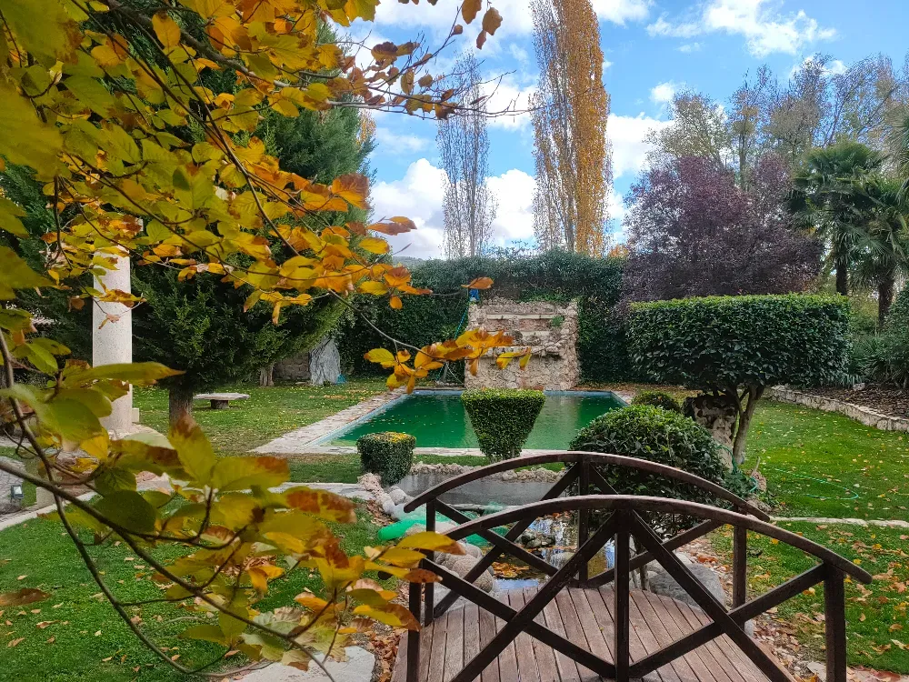 En primer plano, una pasarela de madera conduce a un jardín con una piscina verde y árboles con follaje otoñal.